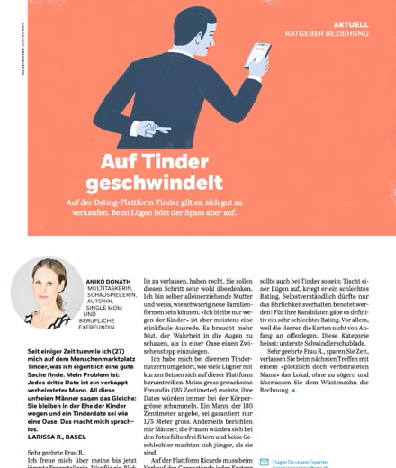 Anik&oacute; Don&aacute;th, Autorin, schreibt in der Coopzeitung Kolumne: Auf Tinder geschwindelt