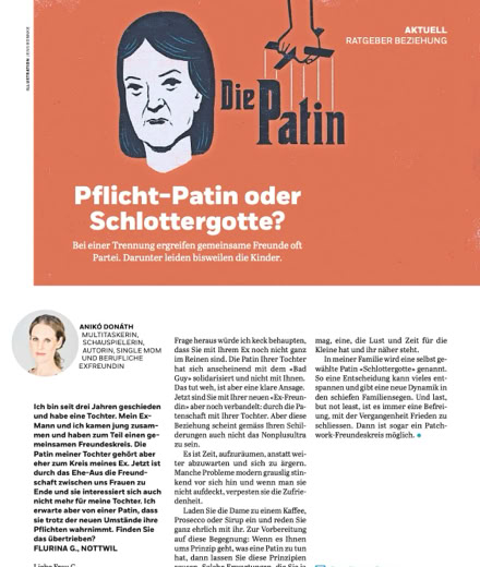 Anik&oacute; Don&aacute;th, Autorin, schreibt in der Coopzeitung Kolumne: Pflicht-Patin oder Schlottergotte?