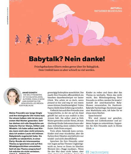 Anik&oacute; Don&aacute;th, Autorin, schreibt in der Coopzeitung Kolumne: Babytalk? Nein danke!