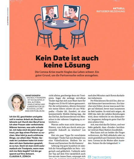 Anik&oacute; Don&aacute;th, Autorin, schreibt in der Coopzeitung Kolumne: Kein Date ist auch keine L&ouml;sung